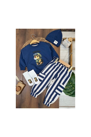 Uğur Bebe Erkek Bebek 4 Parça Kapibara Baskılı Takım Seti Sweatshirt, Çizgili Eşofman Pantolon, Şapka, Çorap Lacivert Renk Lacivert Lacivert