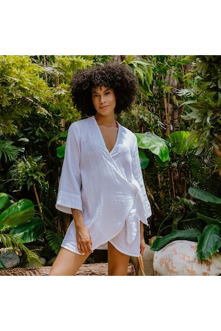 Pamuk Dokuma Kruvaze Kuşaklı Kadın Müslin Plaj Elbisesi - XS - S Beyaz