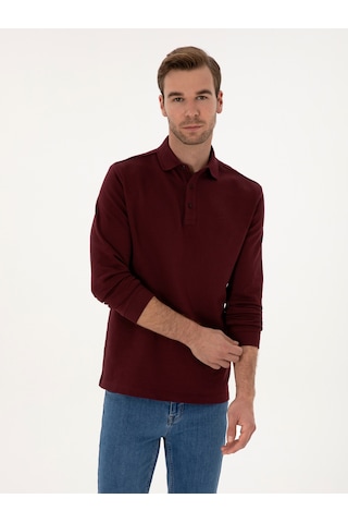 Bordo Regular Fit %100 Pamuk 3 İplik Polo Yaka Sweatshirt Kırmızı