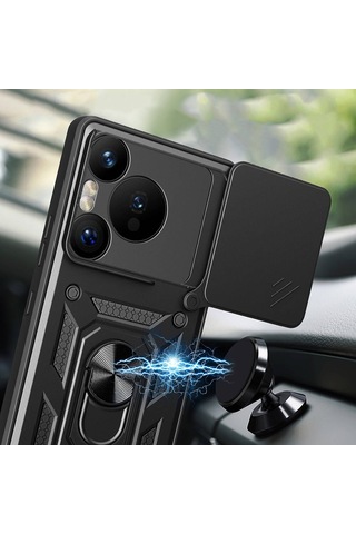 Huawei Pura 70 Pro 5g Kılıf Magnetik Standlı Kamera Korumalı Zore Sürgülü Vega Kapak Siyah