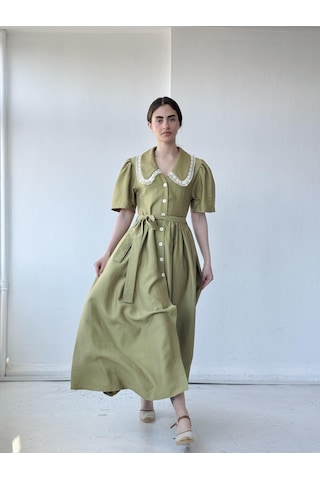 Retrobird 1950'li Yılların Tasarımı Dantelli Betty Maxi Uzun Elbise Kadın Çağla-13916 Çağla Yeşili