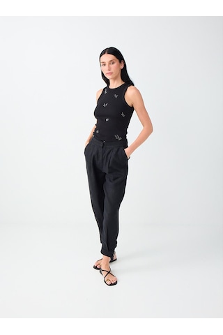 Jimmy Key Siyah %100 Keten Paça Detaylı Yüksel Bel Pantolon 6sw187259900