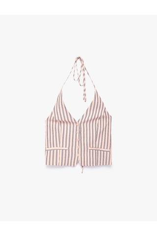 Koton Viskon Halter Yaka Çizgili Düğmeli Boyundan Bağlamalı Bluz Pembe Çizgili 6sal30034ıw