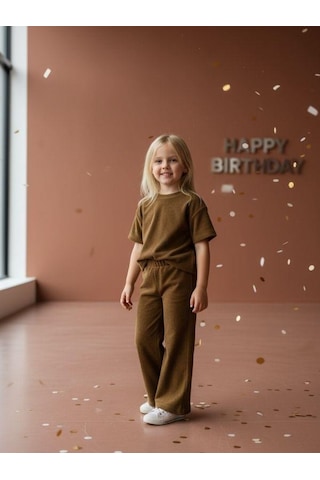 Zekids Kız Çocuk Kışlık Bel Lastikli İspanyol Paça Örme Pantolon-14431 Camel
