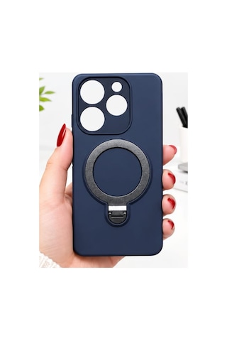 İnfinix Spark 10 Pro İle Uyumlu 360 Derece Dönebilen Kalın Metal Magsafe Halka Stantlı İçi Kadife Korumalı Ultra Lüx Premium Silikon Kılıf Lacivert