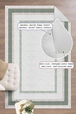 Çerçeve Desenli Dekoratif Kaymaz Taban Yıkanabilir Salon Halısı Yeşil