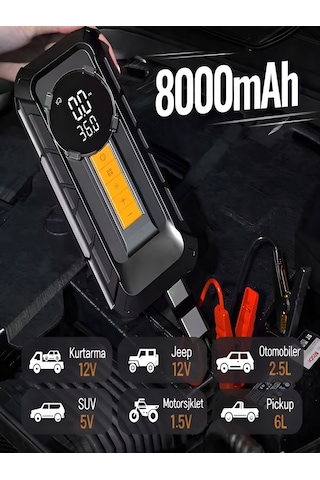 8000mah 1000a Akü Takviyeli Kompresör 150 Psı Çift Dijital Ekran Led Fenerli Hava Pompası Siyah - Abs+