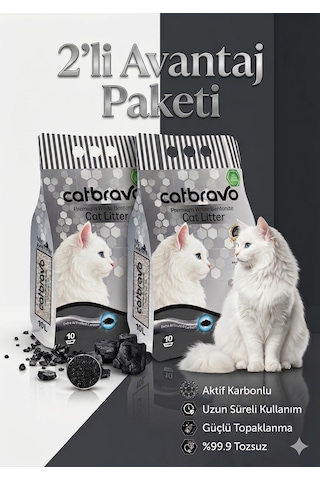 Catbravo Doğal Bentonite- Süper Topaklanan Aktif Karbonlu Kedi Kumu 10 Lt X 2 Adet Catbravo Doğal Bentonite- Süper Topaklanan Aktif Karbonlu Kedi Kumu 10 Lt X 2 Adet