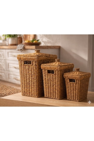 3 Lü Set 3 Boy Hasır Kapaklı Kare Patates Soğan Mutfak Sunum Sebzelik Örgü Sepeti Dekor Şemsiyelik Çok Amaçlı Açık Ahşap