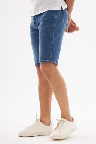Erkek Yıpratmalı Slim Fit Likralı Kot Jean Şort Mavi