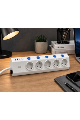5'li Akım Korumalı Çoklu Priz 2 Metre Kablolu 3680w 16a 5 Bağımsız Anahtarlı 2 Usb-a 2 Usb-c Pd 20w Hızlı Şarj Destekli 2 m