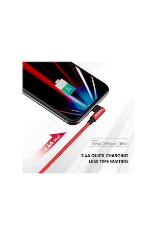 Örgülü 90 Lightning Apple Uyumlu iPhone Oyuncu Şarj Kablosu, Kırmızı, 1 Metre