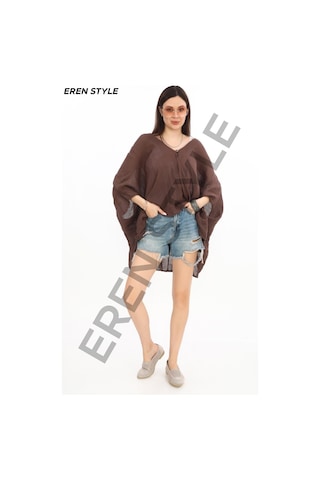 Eren Style Bohem Kuruvaze Tek Düğmeli Keten Bluz-9884 Kahverengi