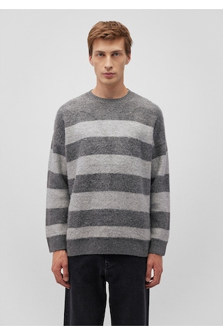 Mavi Çizgili Gri Kazak Oversize / Geniş Kesim 0710231-80024 Gri