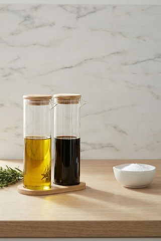 Bambu Standlı 2'li Borosilikat Cam Yağdanlık Şeffaf - 831535337 Şeffaf