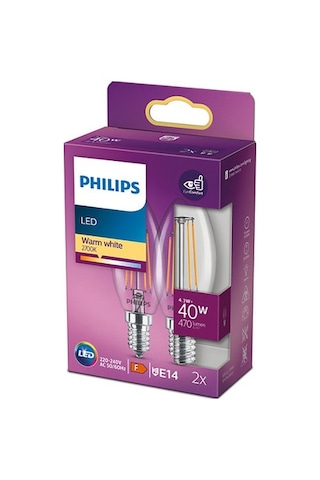 Philips LED Classic Şeffaf Filament Mum Ampul 4.3W 470 Lum 2700K Sarı Işık B35 E14 (40W) 2'li Paket