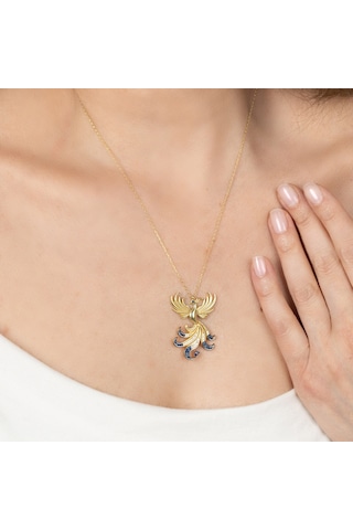 Kayra Mücevher Kraliçe Lacivert Taşlı Anka Kuşu Altın Kaplama Kolye