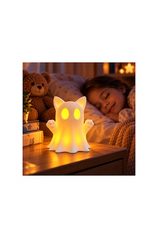 Kedi Kulaklı Hayalet Led Gece Lambası Dekoratif Işık, 11 Cm, 1 Adet Led Mum Hediyeli Renkli