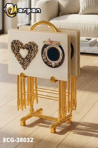 Eranş Serisi 4'lü Katlanır Cam Kahve Desen Çanta Zigon Sehpa Gold Ayak Kahve Desen Gold