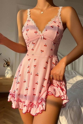 Bella Notte Romantik Pembe Kiraz Baskılı Askılı Tanga Ve Gecelik