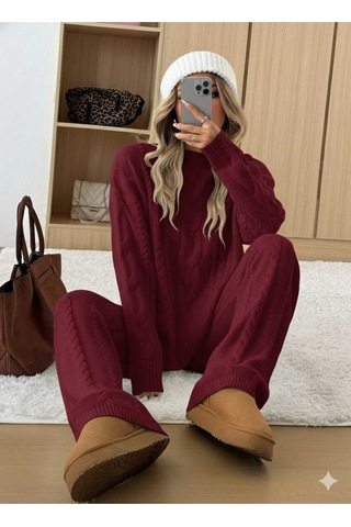 Sayzen Your Shine Saç Örgülü Kazak Pantolon Triko Takim Systkm01 Bordo