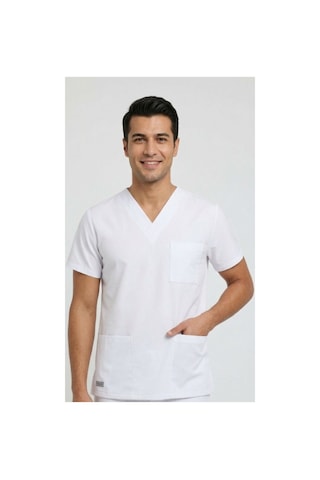 Tek Üst Beyaz Unisex Doktor Ve Hemşire Forması Scrubs Likralı Yarasa Kol