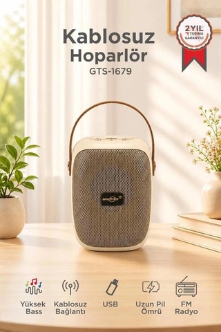 Delux Serisi Torima Bluetooth Hoparlör Gts-1679 Bej Ses Oynatıcı Radyo Alıcısı Medya Aracı