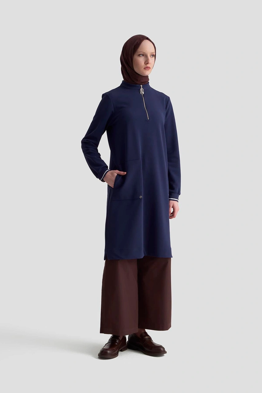 Armine Trend Kolları Ribanalı Yarım Fermuarlı Tunik Lacivert 25kt443 Lacivert