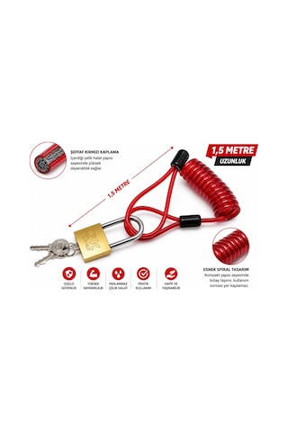 Çelik Halatlı Motosiklet Kask Kilidi 1.5 Metre Kırmızı Spiral Kablo