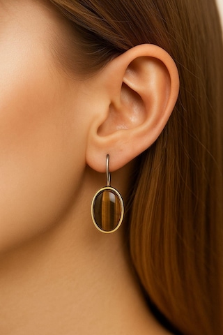 Beyisa Asya Serisi El İşi Gümüş Kahverengi Kaplangözü Taşlı Bayan Küpe Gümüş