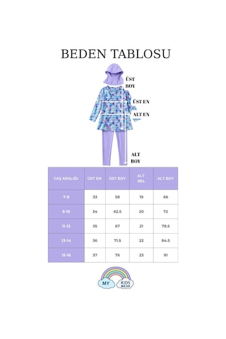 My Kids Wear Kız Çocuk Tesettür Mayo 3 Lü Takım Üst + Tayt + Bone 12569 Lila