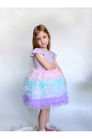 Linola Baby Kids Rainbow Tütü Etekli Kısa Kollu Çocuk Elbisesi Lila