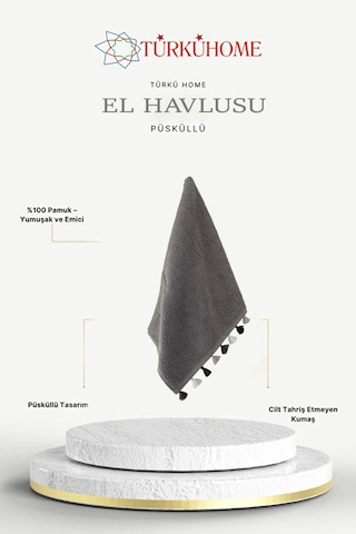 Püsküllü Yumuşak Pamuk Havlu Yüksek Emicili El Havlusu 50x90 Cm Gri