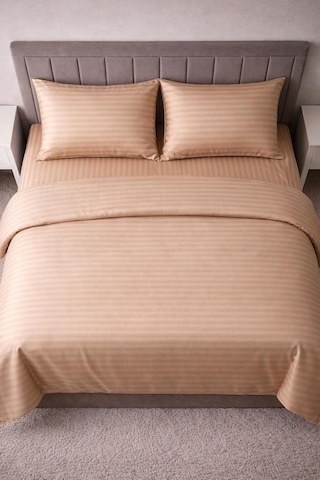 Wova Home Champagne Stripe Çift Kişilik Nevresim Takımı%90 Pamuk 83 Tel Saten Çizgili Lastikli Çarşaflı Nevresim Çok Renkli