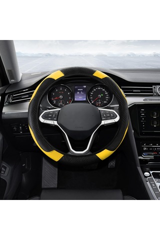 Yifomall Kabuk Deri 37-38cm Universal Direksiyon Kılıfı - Karbon Fiber Stili, Kaymazsız, Soluk, Dayanıklı, Sarı Sarı