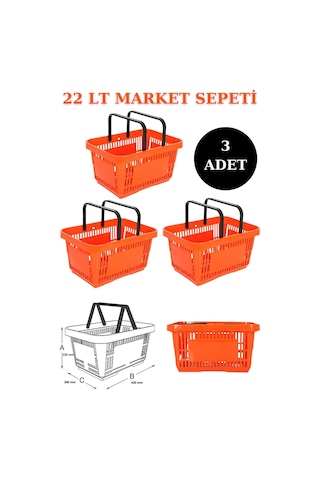 3 adet 22Litre Market ve Alışveriş Sepeti, Saplı Market Sepeti T