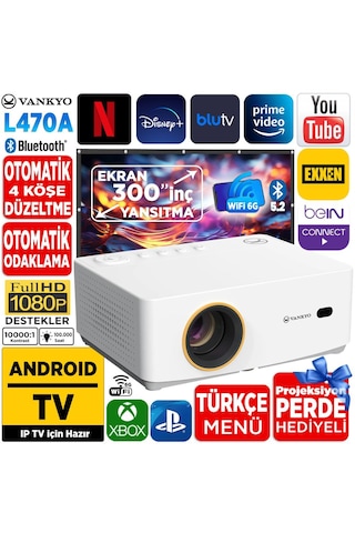 Vankyo Leisure L470A Android TV 1080P Destekli 6G Wi-Fi + Bluetooth 5.2 Projeksiyon Cihazı Beyaz