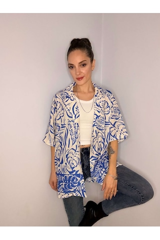 Ali Butik Mavi Yaprak Desenli Fakir Kol Keten Gömlek Beyaz/mavi
