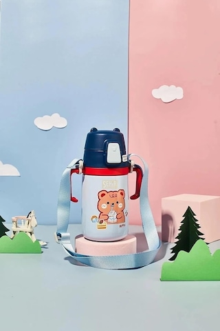 Rovco 400ml Silikon Pipetli Sevimli Ayıcıklı Boyun Askılı Bebek Kulplu Paslanmaz Çelik Termos Lacivert Genel