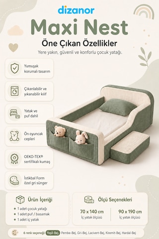 Dizanor Maxi Nest %100 Sünger Montessori Çocuk Karyola Baza Başlık Ve Yatak Seti Yeşil Fitilli 70 X 140