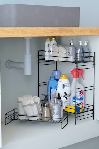 3 Katlı Evye Tezgah Altı Raf Banyo Mutfak Dolabı Çok Amaçlı Düzenleyici Deterjanlık Organizer 20x40 Siyah