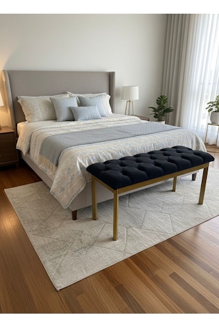 Loft Kapitone Döşeme Metal Gold Ayaklı Puf & Bench - 105x40 Cm Siyah