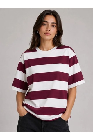 Valensdesign Çizgili Oversize Tişört Bisiklet Yaka Kısa Kol Yazlık T-shirt - Bordo