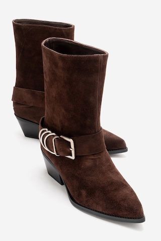 Luvishoes Velmor Kahverengi Süet Hakiki Deri Tokalı Kadın Western Bot Kahverengi