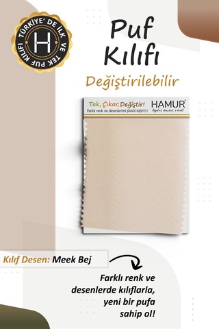 Yıkanabilir Puf Tabure Kılıfı Tak-Çıkar-Değiştir-Yenile Orta Sehpa Kılıfı 40x22 Meek Bej