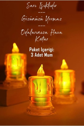 3 Adet Led Mum Simli Tipi Pil Dahil Dumansız Alev Ledli Yapay Dekoratif Mum Işığı Orta Pt421 ŞEFFAF
