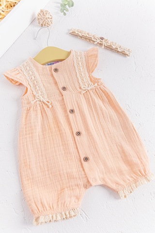 Düğmeli Bandanalı Kız Bebek Müslin Tulum Somon