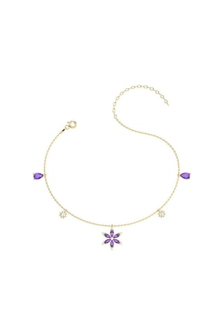 İndigo Takı Ametist Taşlı Lotus Çiçeği Altın Kaplama Gümüş Halhal Çok Renkli