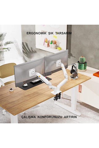 Triline Nb F160 Beyaz 17-27" Çift Kol Monitör Tutucu 2-9 Kg Amostisörlü Vesa Monitör Standı