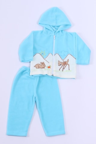 Hçm Bebek Polar Alt Üst Takım Kapşonlu Fermuarlı Nakışlı E11 Turkuaz